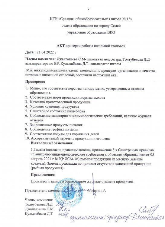 АКТ проверки работы школьной столовой