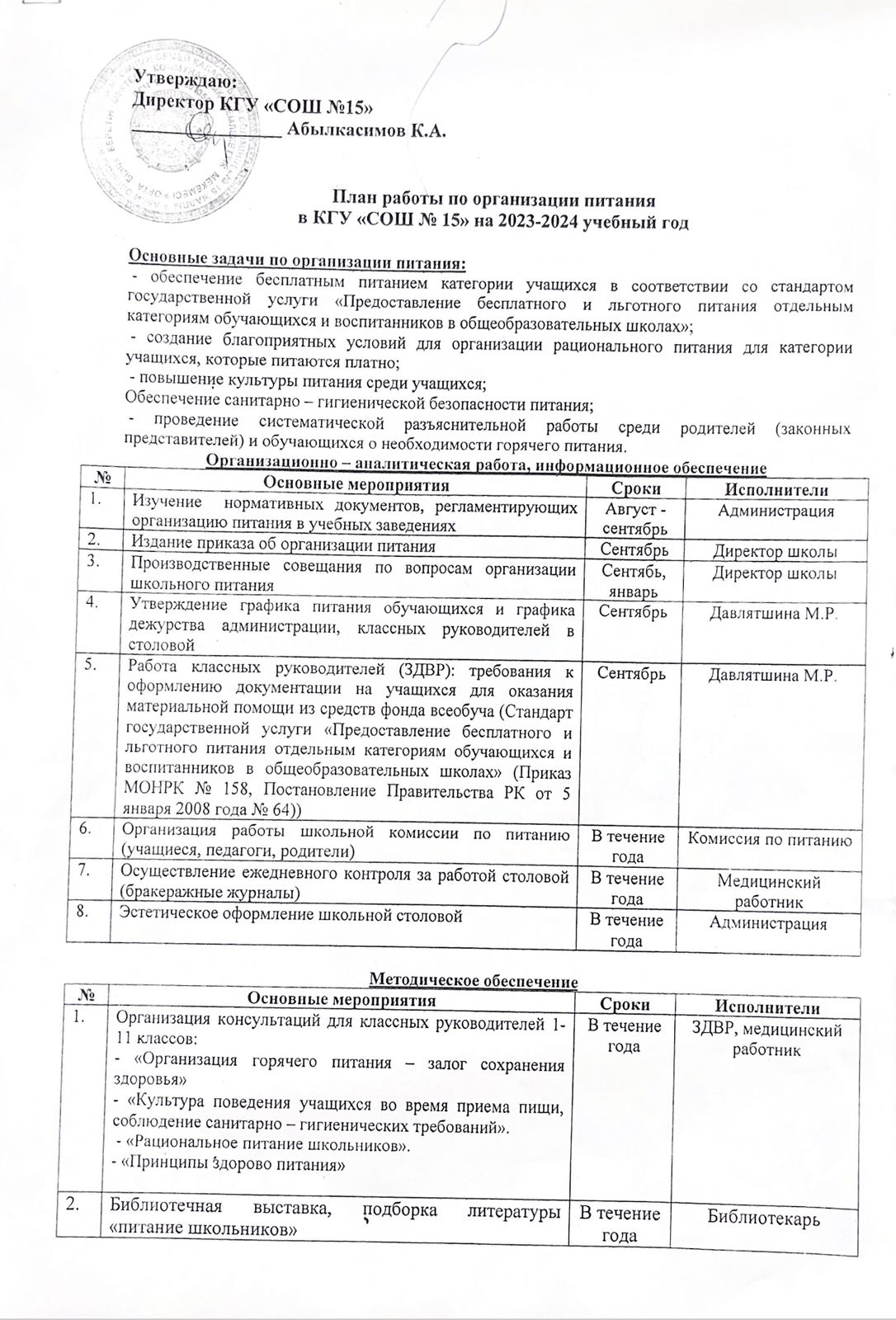 Ыстық тамақты ұйымдастыру жұмысының жылдық жоспары