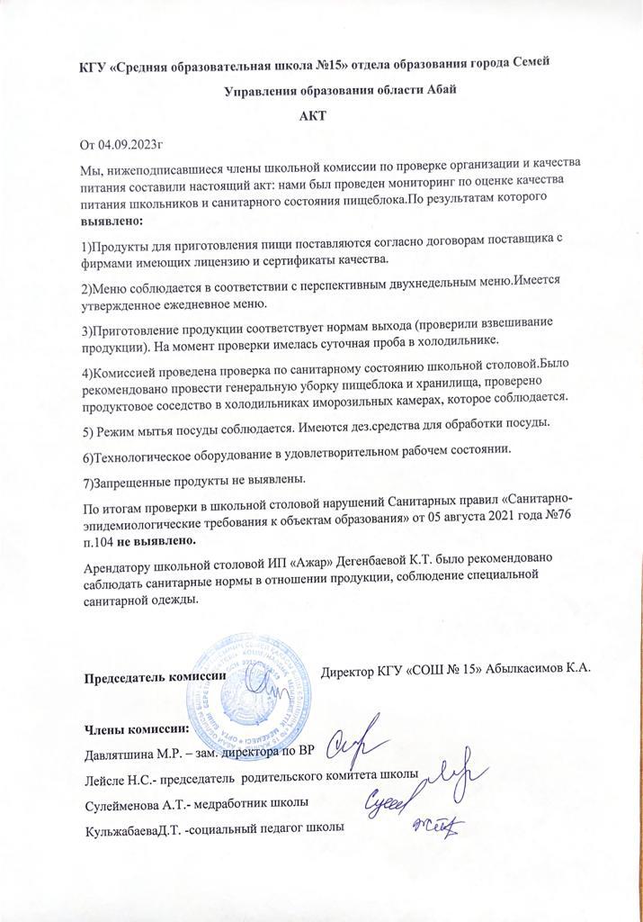 Ыстық тамақтың ұйымдастырылуын, сапасын тексеру актісі