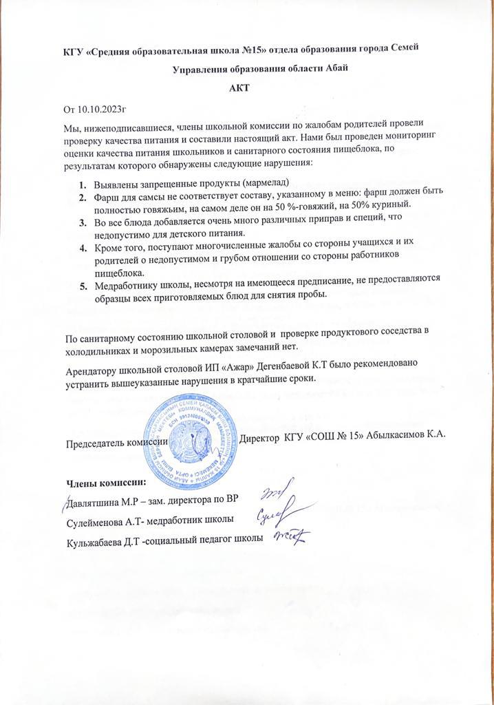 Ыстық тамақтың ұйымдастырылуын, сапасын тексеру актісі